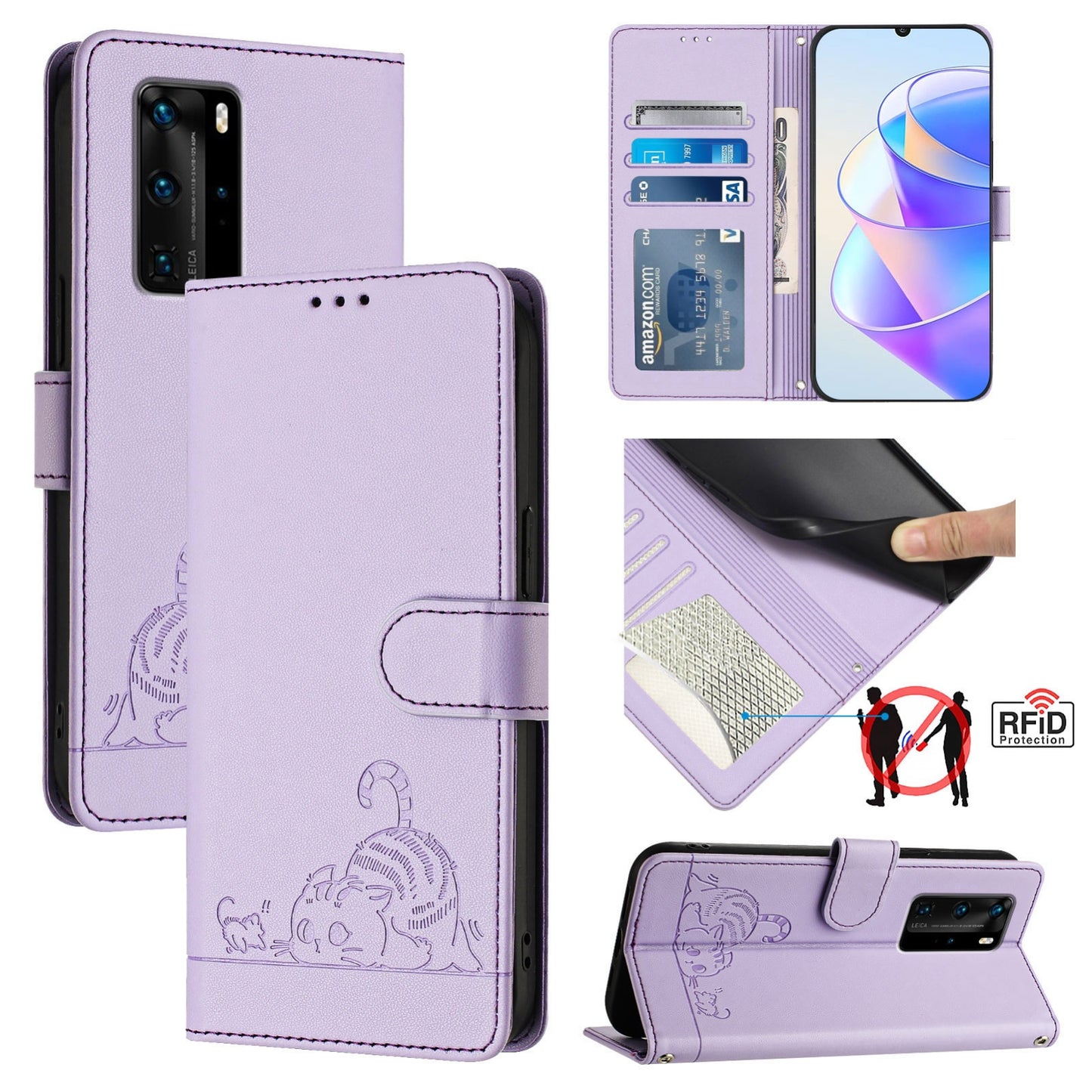 Huawei P40 Pro Cat and Mouse Embossed PU Leather RFID Case with Wallet Slots, Anti-Fall Protection, Kickstand, and Lanyard-buycases.co.uk