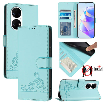 Huawei P50 Cat and Mouse Embossed PU Leather RFID Case with Wallet Slots, Anti-Fall Protection, Kickstand, and Lanyard-buycases.co.uk