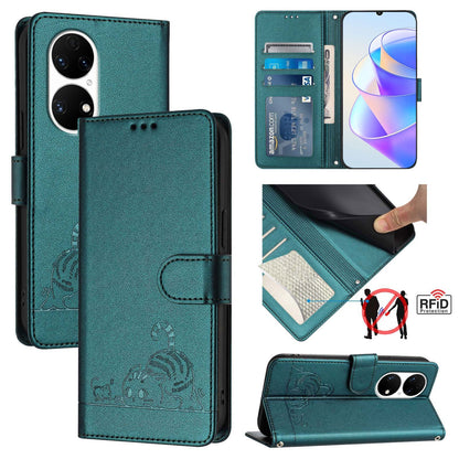 Huawei P50 Cat and Mouse Embossed PU Leather RFID Case with Wallet Slots, Anti-Fall Protection, Kickstand, and Lanyard-buycases.co.uk