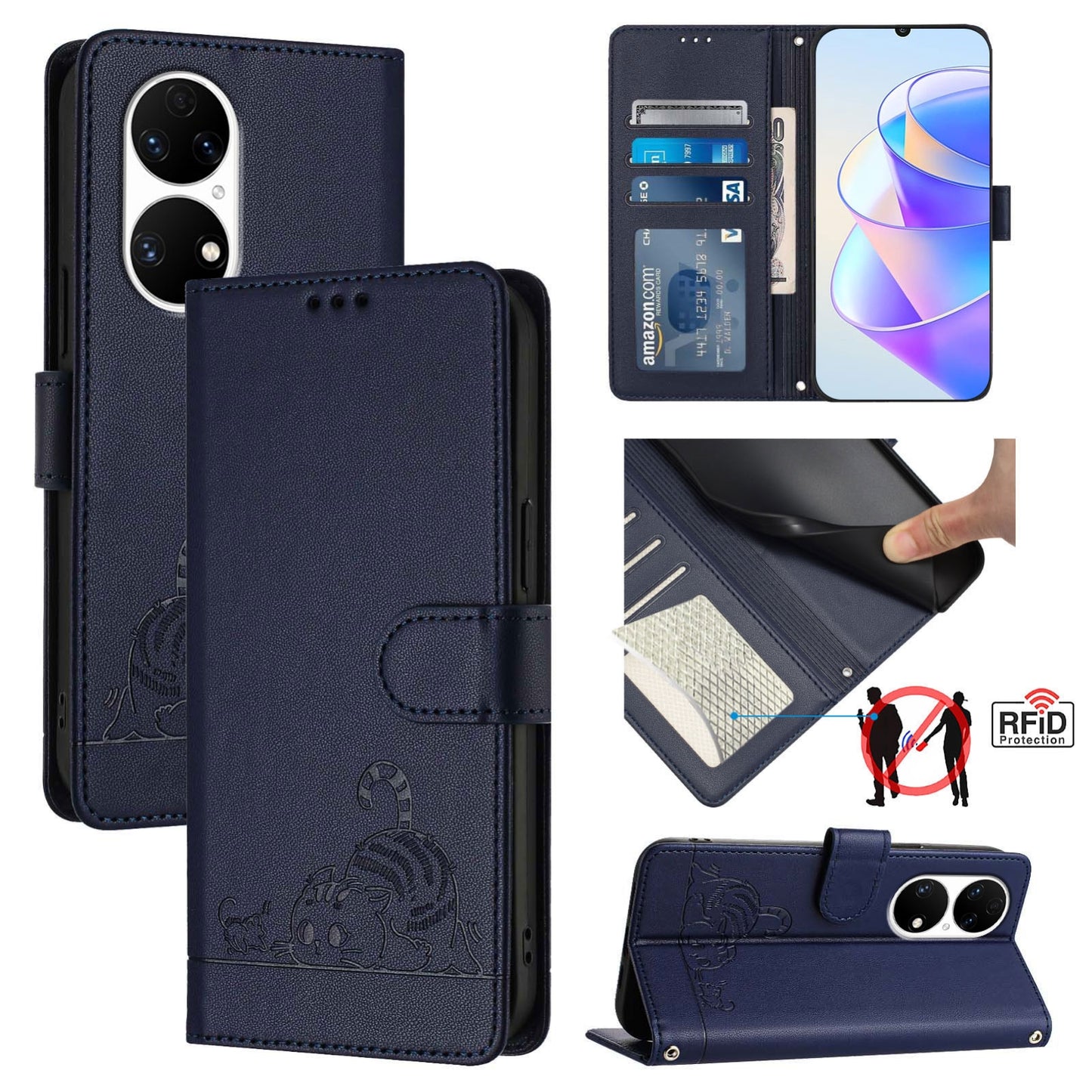 Huawei P50 Cat and Mouse Embossed PU Leather RFID Case with Wallet Slots, Anti-Fall Protection, Kickstand, and Lanyard-buycases.co.uk