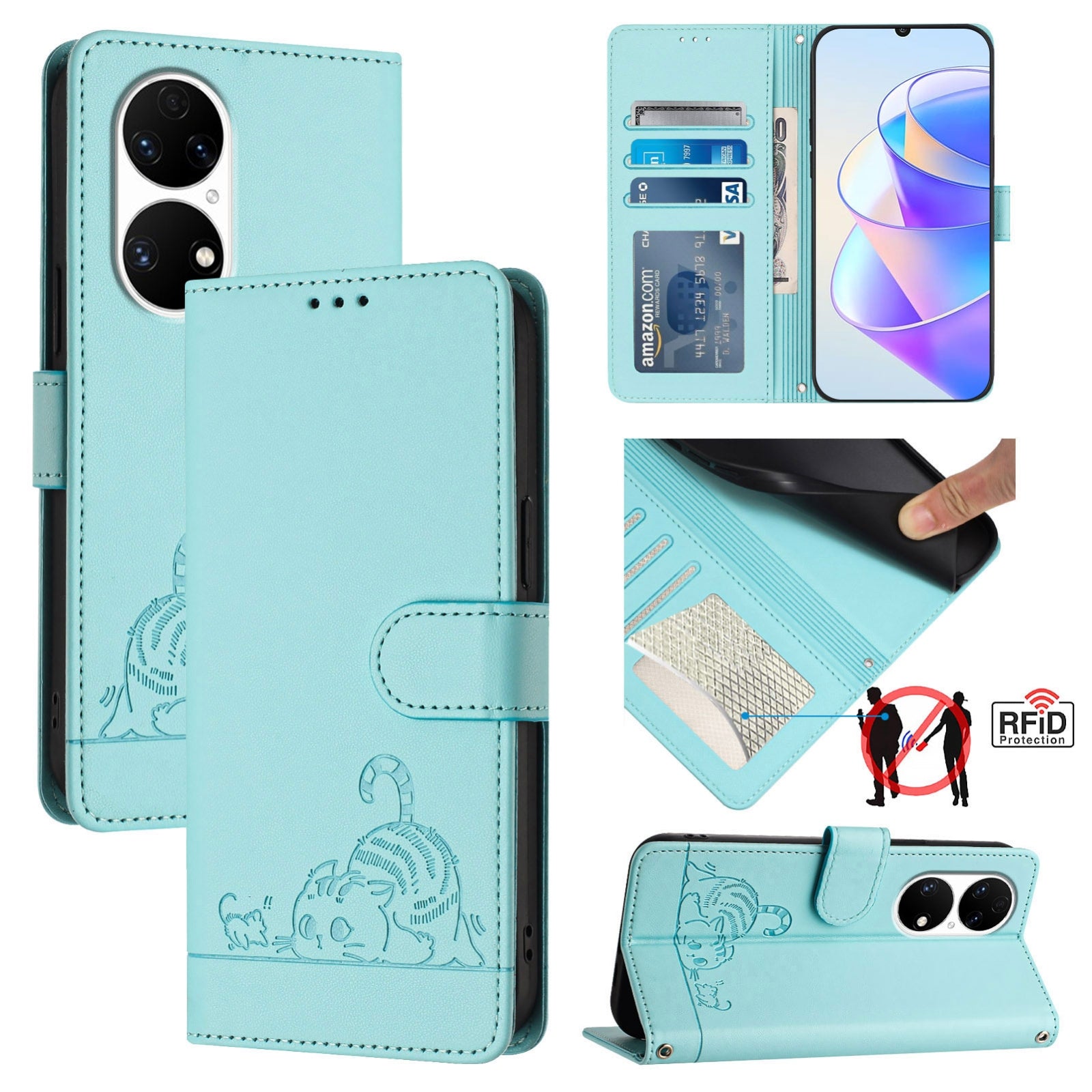Huawei P50 Pro Cat and Mouse Embossed PU Leather RFID Case with Wallet Slots, Anti-Fall Protection, Kickstand, and Lanyard-buycases.co.uk