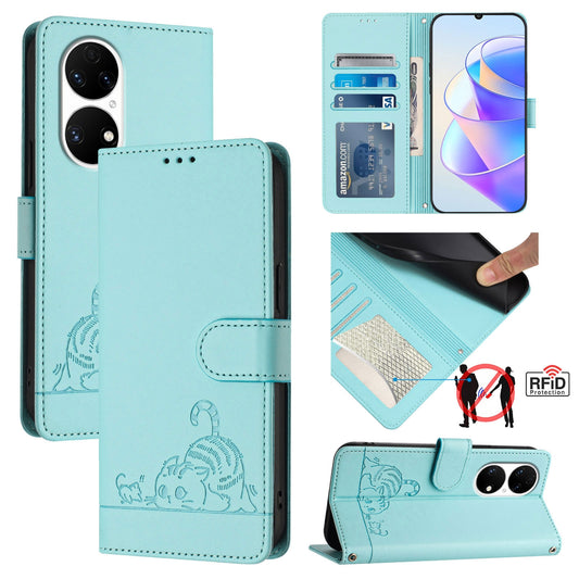 Huawei P50 Pro Cat and Mouse Embossed PU Leather RFID Case with Wallet Slots, Anti-Fall Protection, Kickstand, and Lanyard-buycases.co.uk
