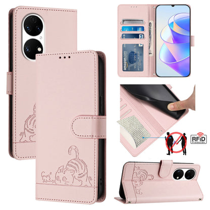 Huawei P50 Pro Cat and Mouse Embossed PU Leather RFID Case with Wallet Slots, Anti-Fall Protection, Kickstand, and Lanyard-buycases.co.uk