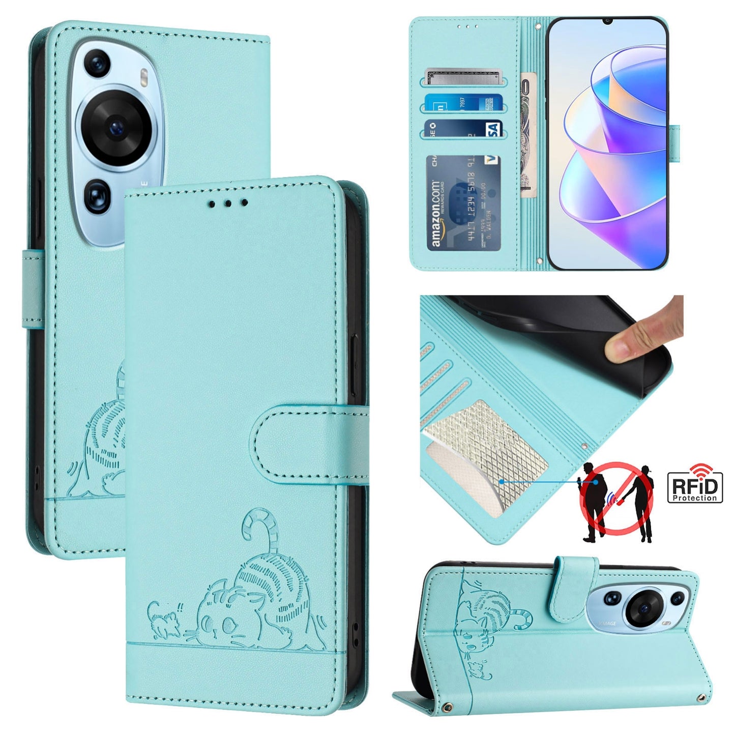 Huawei P60 Art Cat and Mouse Embossed PU Leather RFID Case with Wallet Slots, Anti-Fall Protection, Kickstand, and Lanyard-buycases.co.uk