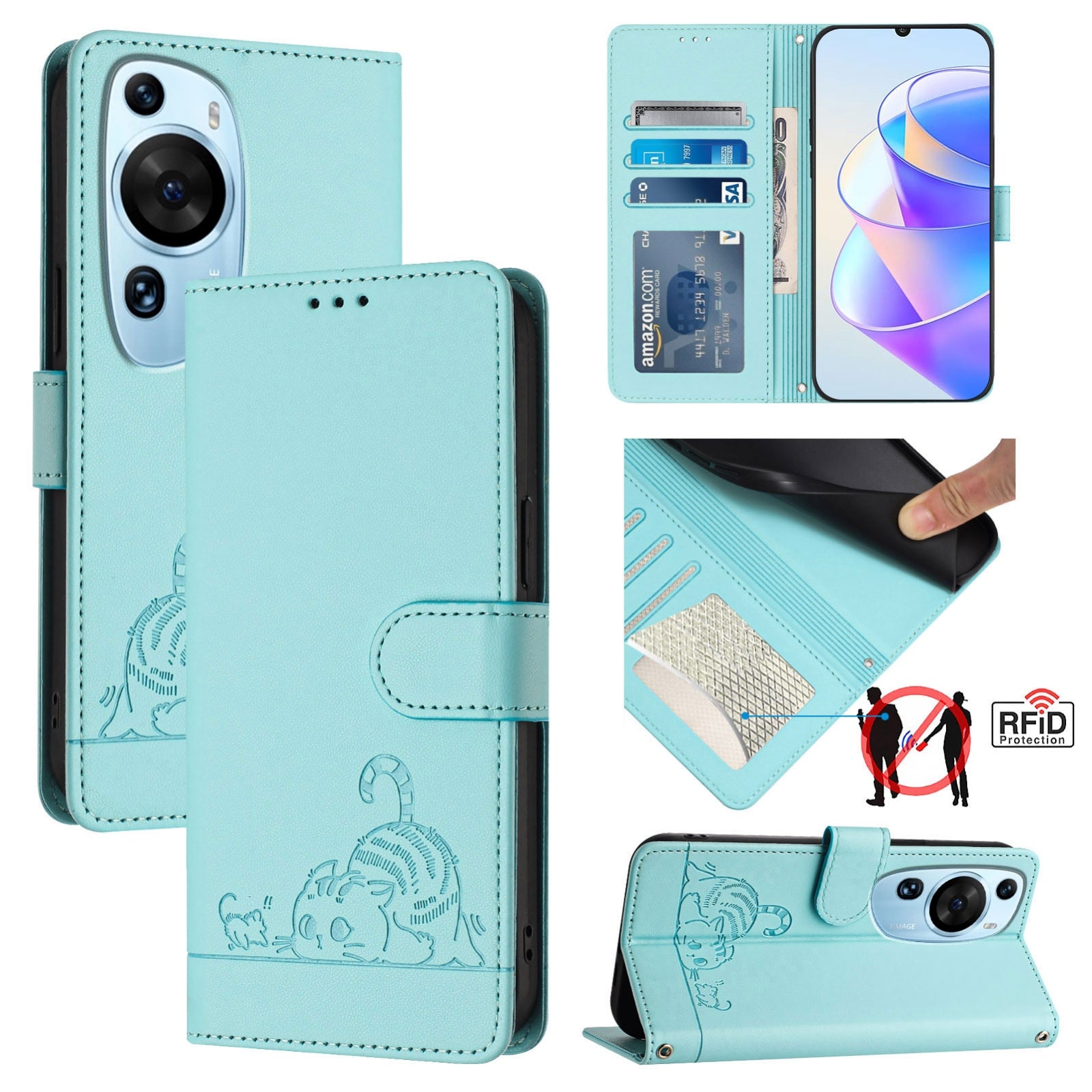 Huawei P60 Art Cat and Mouse Embossed PU Leather RFID Case with Wallet Slots, Anti-Fall Protection, Kickstand, and Lanyard-buycases.co.uk