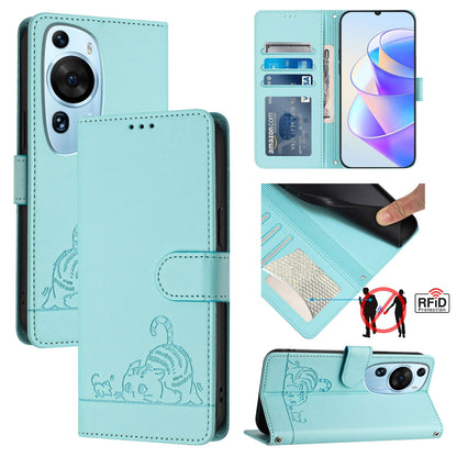 Huawei P60 Art Cat and Mouse Embossed PU Leather RFID Case with Wallet Slots, Anti-Fall Protection, Kickstand, and Lanyard-buycases.co.uk