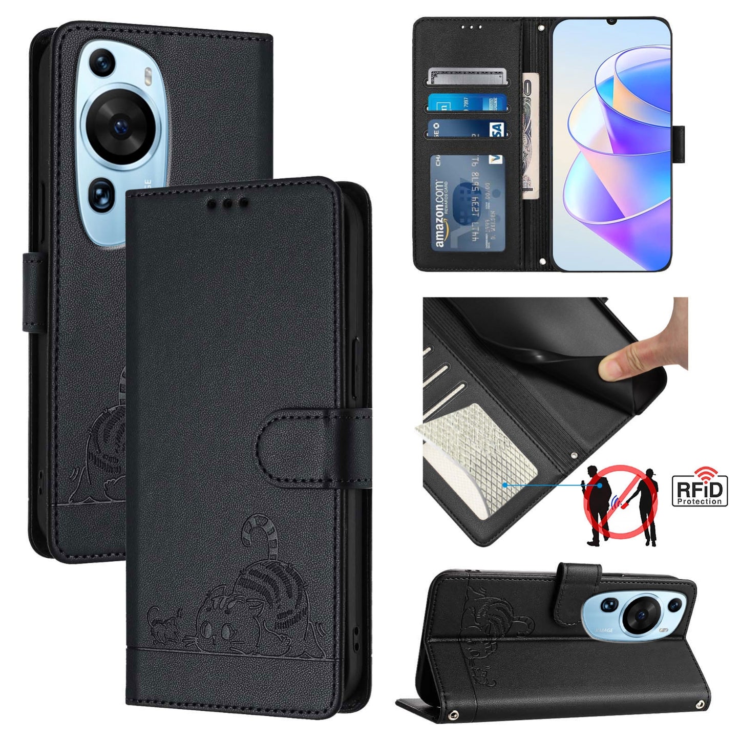 Huawei P60 Art Cat and Mouse Embossed PU Leather RFID Case with Wallet Slots, Anti-Fall Protection, Kickstand, and Lanyard-buycases.co.uk