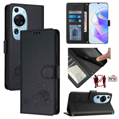 Huawei P60 Art Cat and Mouse Embossed PU Leather RFID Case with Wallet Slots, Anti-Fall Protection, Kickstand, and Lanyard-buycases.co.uk
