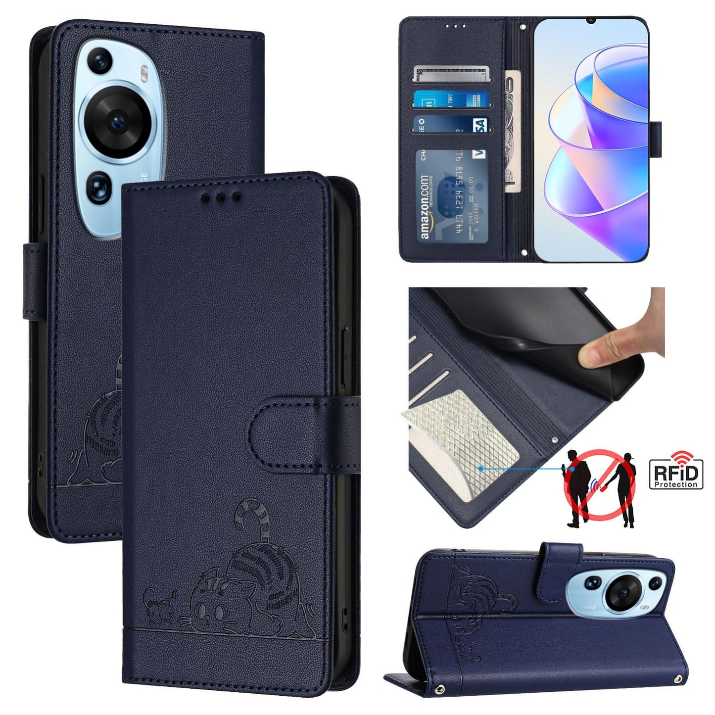 Huawei P60 Art Cat and Mouse Embossed PU Leather RFID Case with Wallet Slots, Anti-Fall Protection, Kickstand, and Lanyard-buycases.co.uk