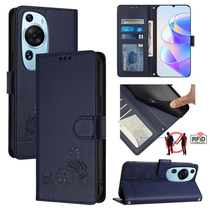 Huawei P60 Art Cat and Mouse Embossed PU Leather RFID Case with Wallet Slots, Anti-Fall Protection, Kickstand, and Lanyard-buycases.co.uk