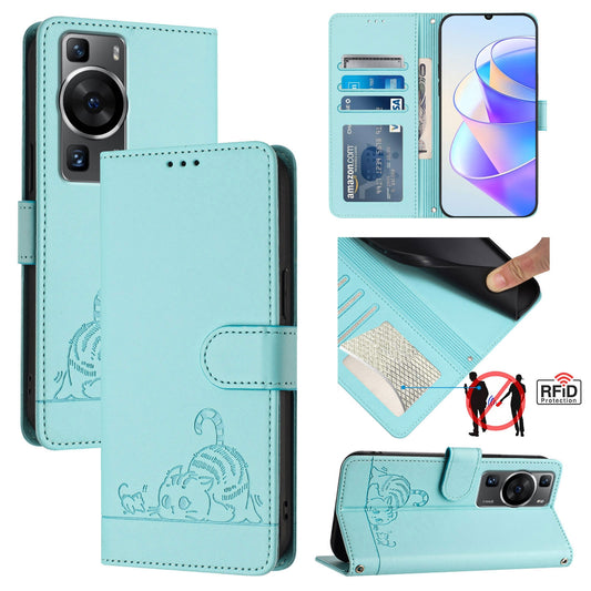 Huawei P60 Cat and Mouse Embossed PU Leather RFID Case with Wallet Slots, Anti-Fall Protection, Kickstand, and Lanyard-buycases.co.uk