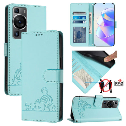 Huawei P60 Pro Cat and Mouse Embossed PU Leather RFID Case with Wallet Slots, Anti-Fall Protection, Kickstand, and Lanyard-buycases.co.uk