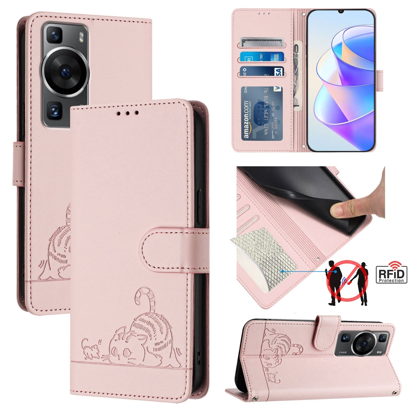 Huawei P60 Cat and Mouse Embossed PU Leather RFID Case with Wallet Slots, Anti-Fall Protection, Kickstand, and Lanyard-buycases.co.uk