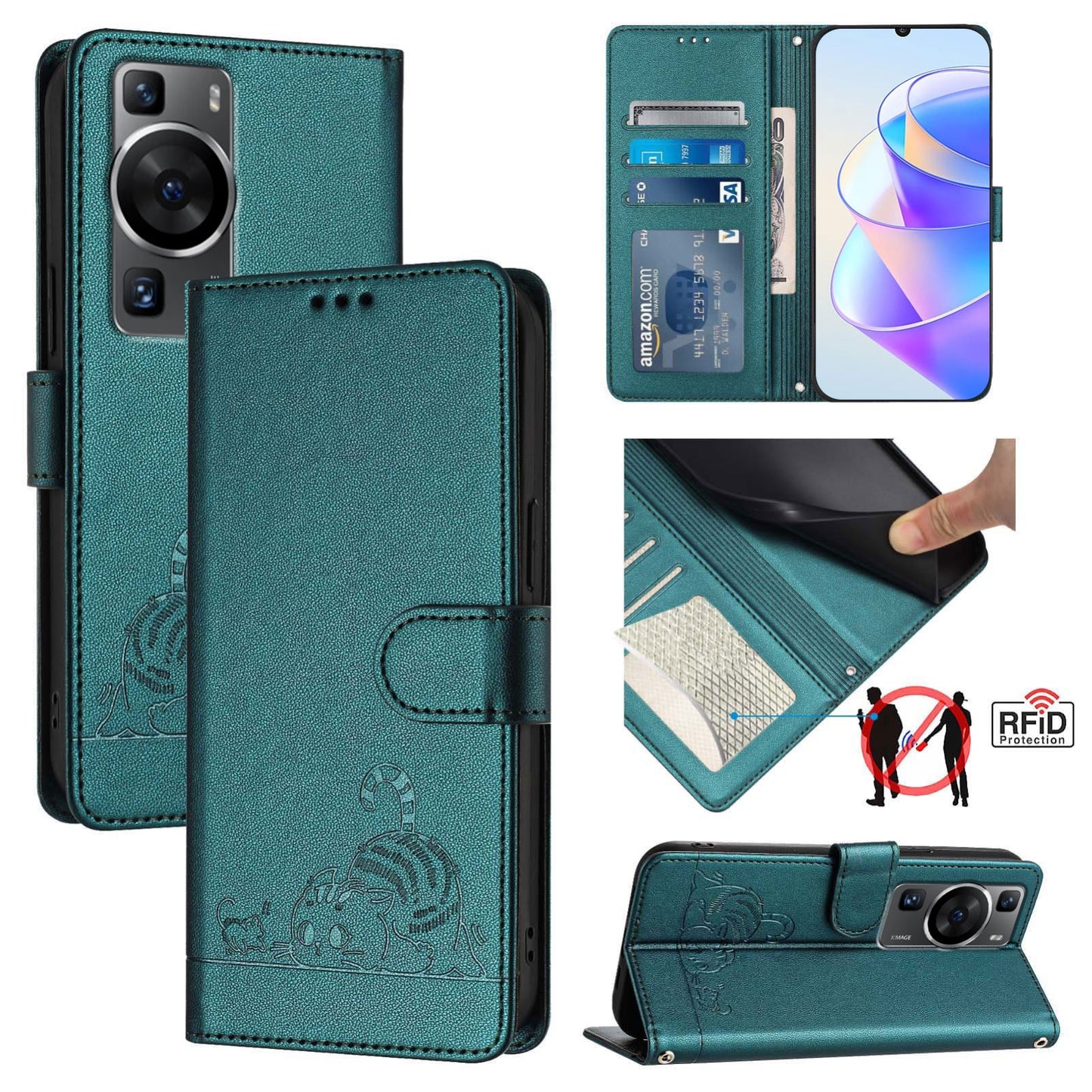 Huawei P60 Cat and Mouse Embossed PU Leather RFID Case with Wallet Slots, Anti-Fall Protection, Kickstand, and Lanyard-buycases.co.uk