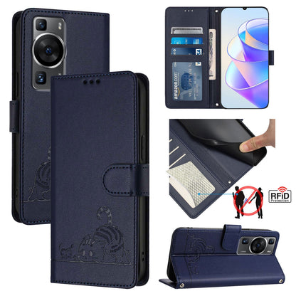 Huawei P60 Pro Cat and Mouse Embossed PU Leather RFID Case with Wallet Slots, Anti-Fall Protection, Kickstand, and Lanyard-buycases.co.uk