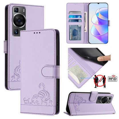 Huawei P60 Pro Cat and Mouse Embossed PU Leather RFID Case with Wallet Slots, Anti-Fall Protection, Kickstand, and Lanyard-buycases.co.uk