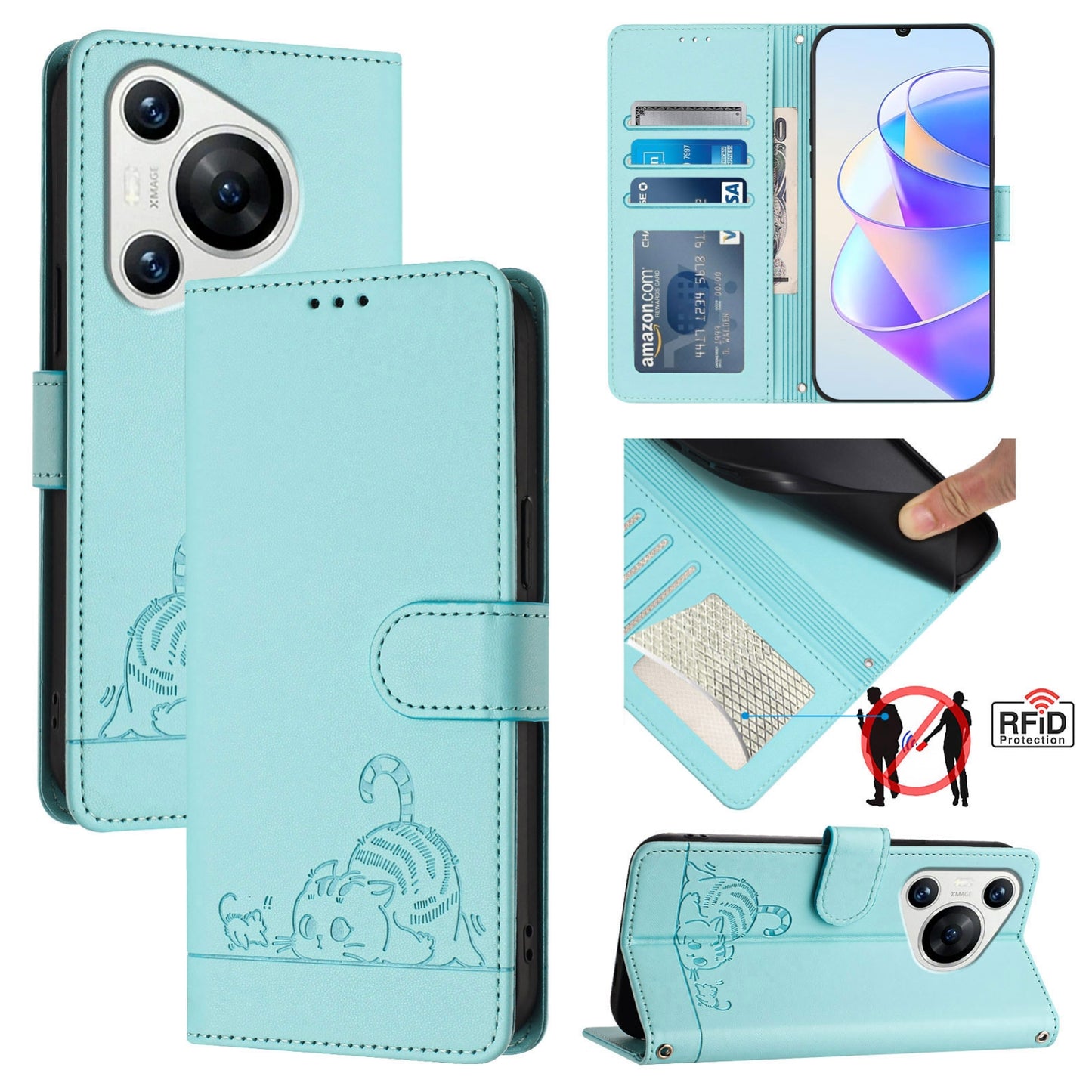 Huawei Pura 70 Cat and Mouse Embossed PU Leather RFID Case with Wallet Slots, Anti-Fall Protection, Kickstand, and Lanyard-buycases.co.uk