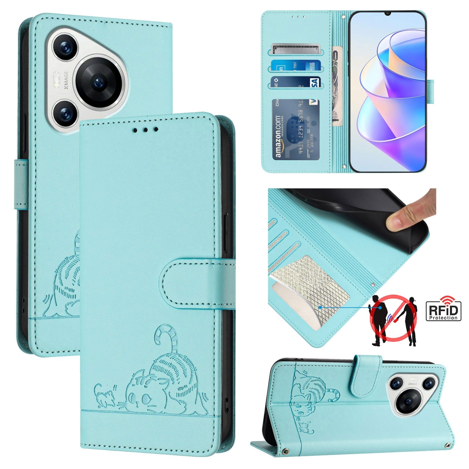 Huawei Pura 70 Cat and Mouse Embossed PU Leather RFID Case with Wallet Slots, Anti-Fall Protection, Kickstand, and Lanyard-buycases.co.uk
