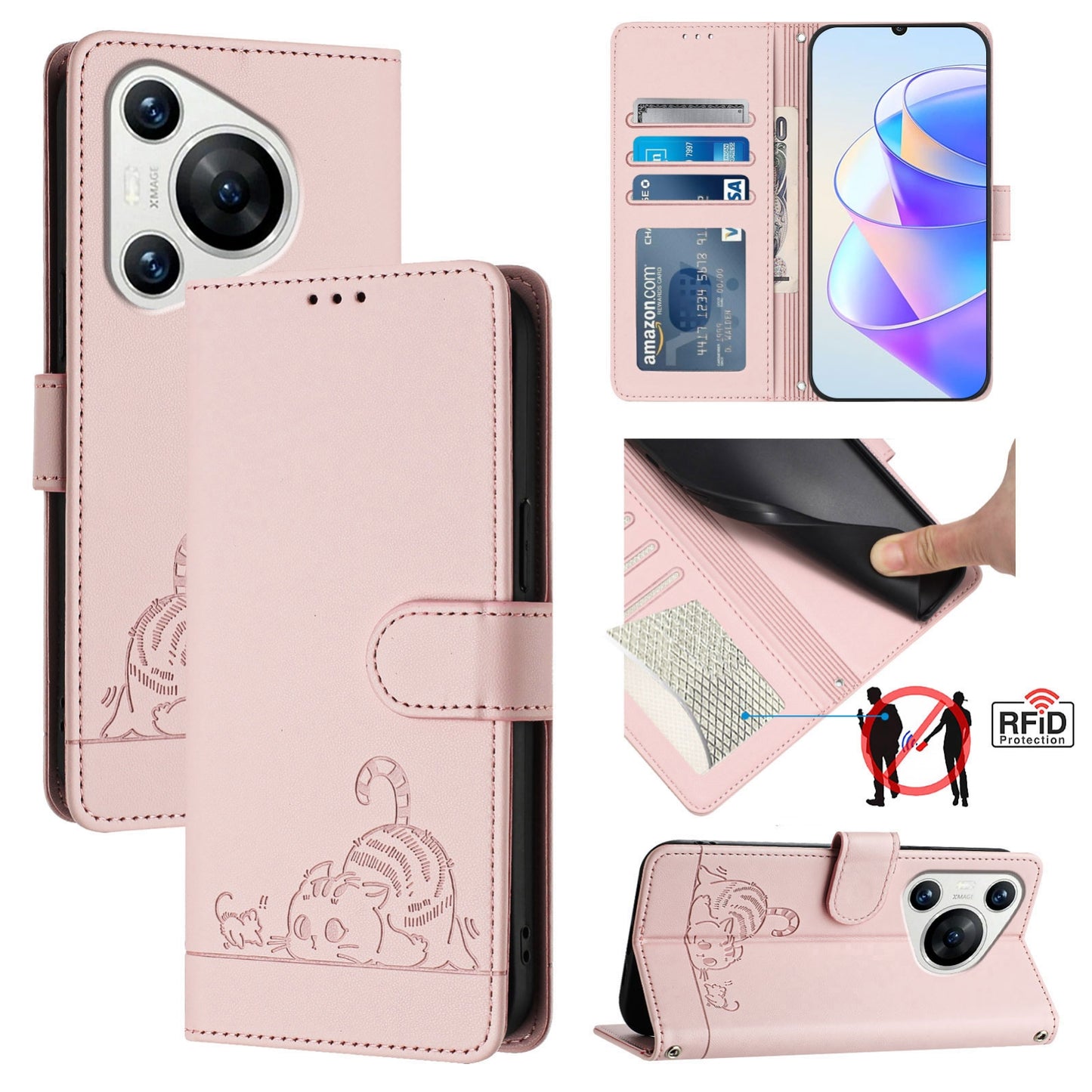 Huawei Pura 70 Cat and Mouse Embossed PU Leather RFID Case with Wallet Slots, Anti-Fall Protection, Kickstand, and Lanyard-buycases.co.uk