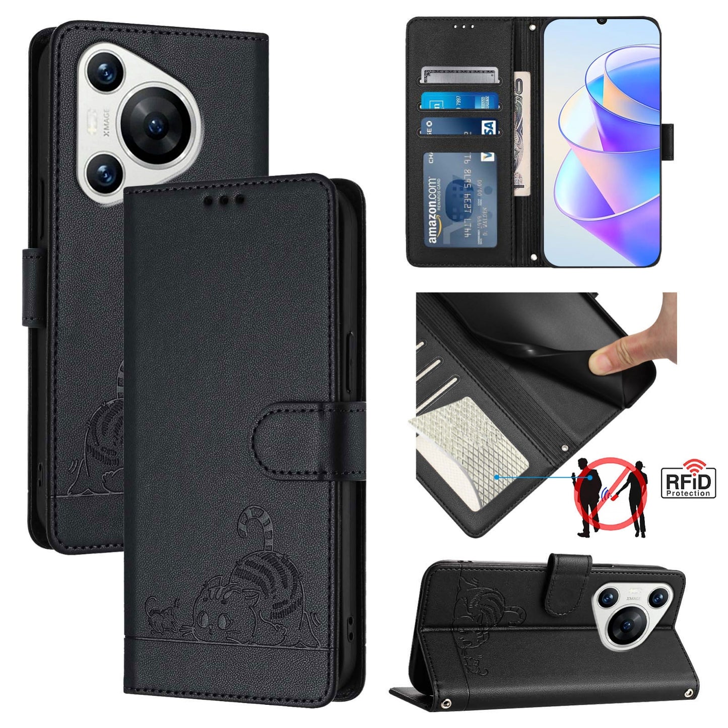 Huawei Pura 70 Cat and Mouse Embossed PU Leather RFID Case with Wallet Slots, Anti-Fall Protection, Kickstand, and Lanyard-buycases.co.uk