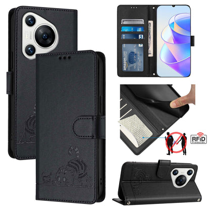 Huawei Pura 70 Cat and Mouse Embossed PU Leather RFID Case with Wallet Slots, Anti-Fall Protection, Kickstand, and Lanyard-buycases.co.uk