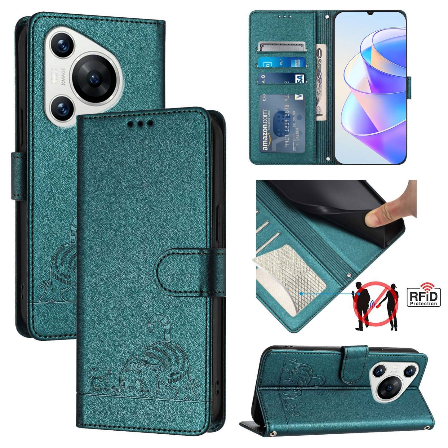 Huawei Pura 70 Cat and Mouse Embossed PU Leather RFID Case with Wallet Slots, Anti-Fall Protection, Kickstand, and Lanyard-buycases.co.uk