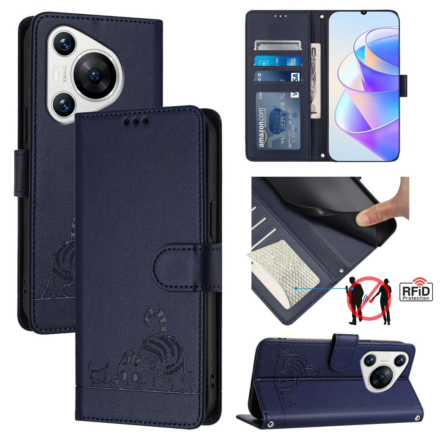 Huawei Pura 70 Cat and Mouse Embossed PU Leather RFID Case with Wallet Slots, Anti-Fall Protection, Kickstand, and Lanyard-buycases.co.uk