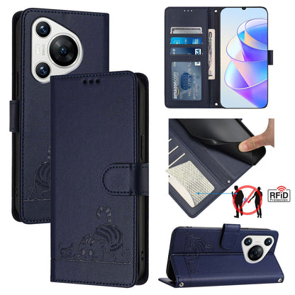 Huawei Pura 70 Cat and Mouse Embossed PU Leather RFID Case with Wallet Slots, Anti-Fall Protection, Kickstand, and Lanyard-buycases.co.uk