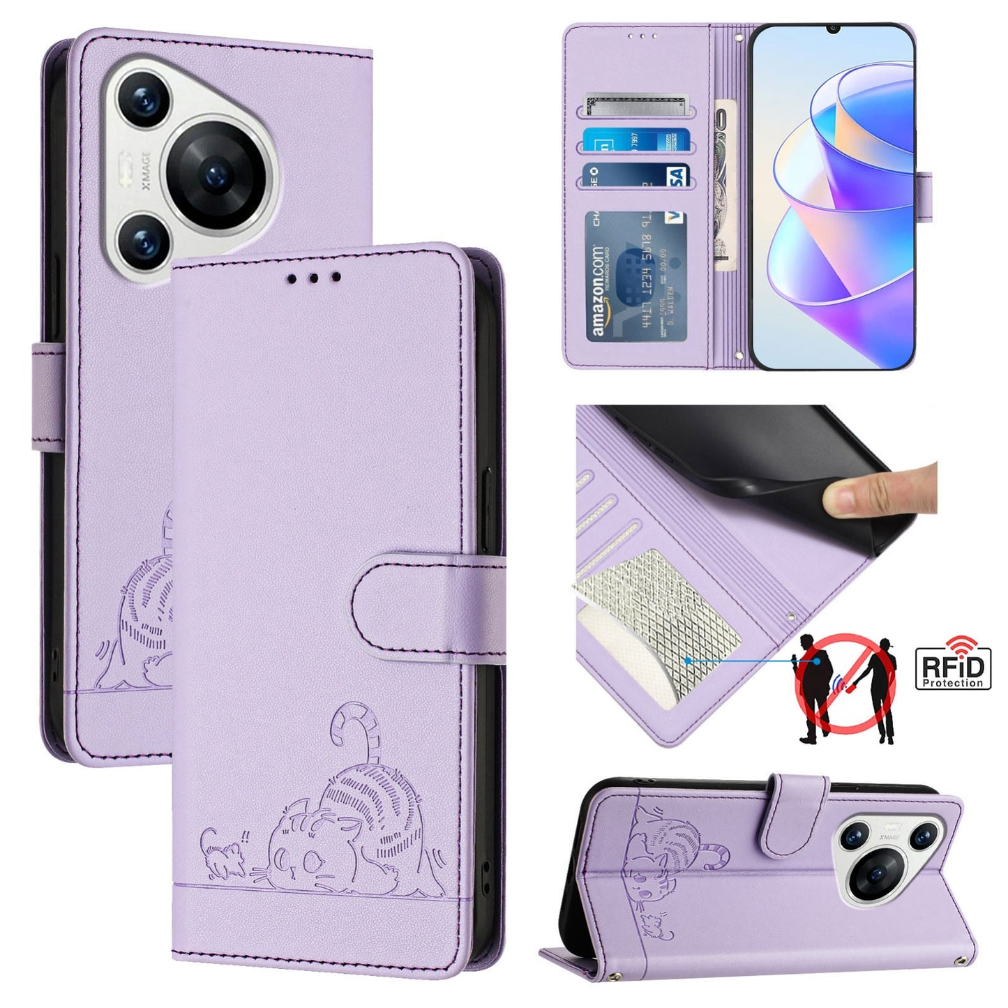 Huawei Pura 70 Cat and Mouse Embossed PU Leather RFID Case with Wallet Slots, Anti-Fall Protection, Kickstand, and Lanyard-buycases.co.uk