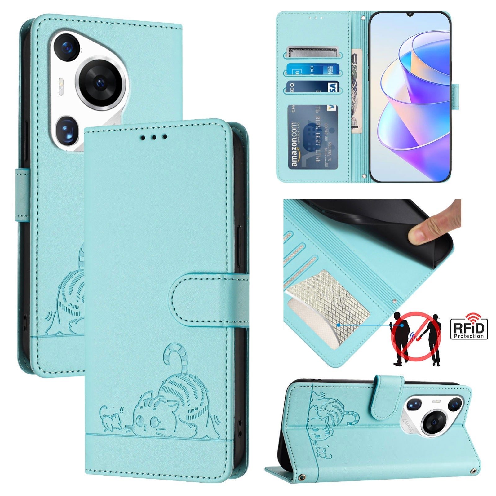 Huawei Pura 70 Pro Cat and Mouse Embossed PU Leather RFID Case with Wallet Slots, Anti-Fall Protection, Kickstand, and Lanyard-buycases.co.uk