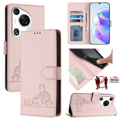 Huawei Pura 70 Pro Cat and Mouse Embossed PU Leather RFID Case with Wallet Slots, Anti-Fall Protection, Kickstand, and Lanyard-buycases.co.uk
