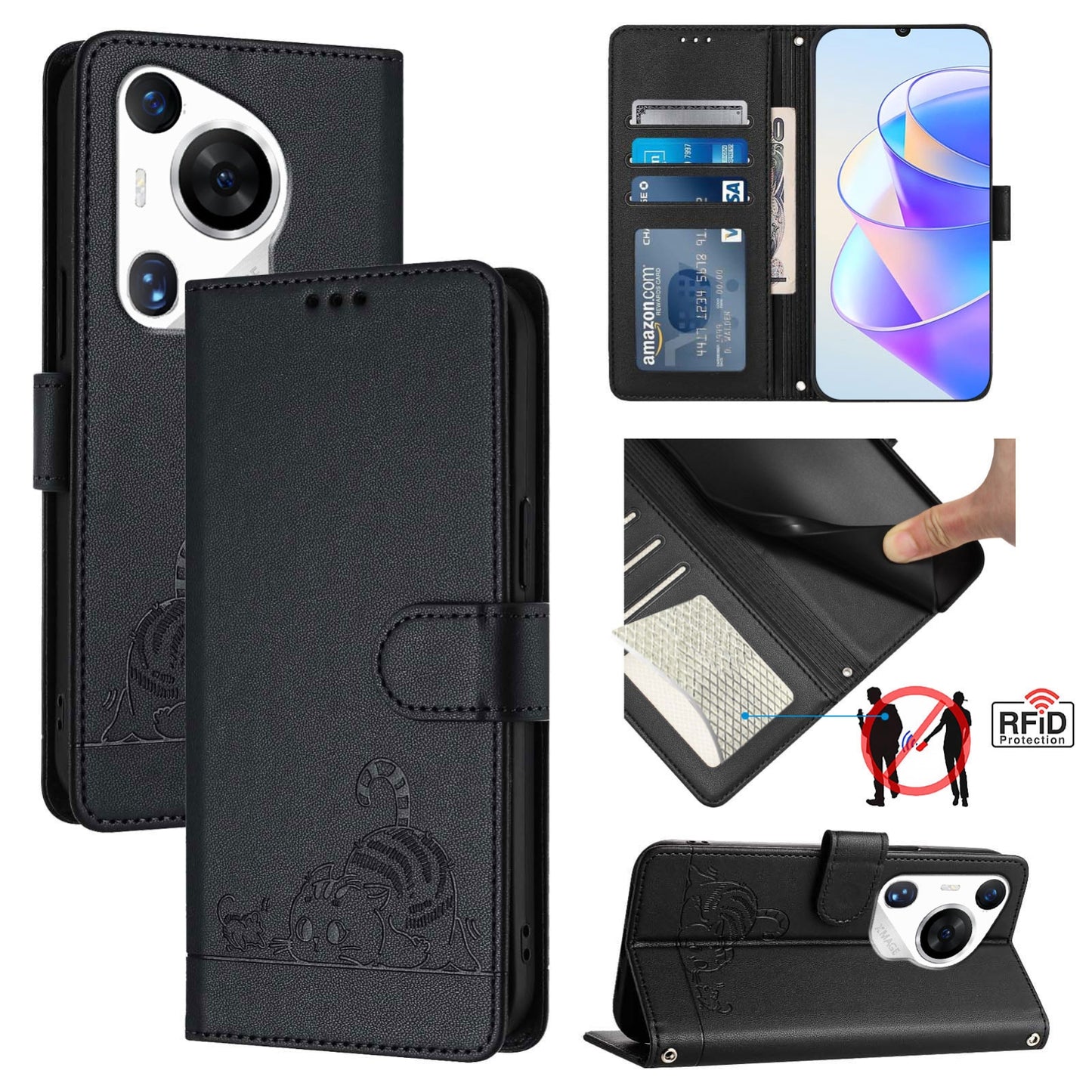 Huawei Pura 70 Pro Cat and Mouse Embossed PU Leather RFID Case with Wallet Slots, Anti-Fall Protection, Kickstand, and Lanyard-buycases.co.uk