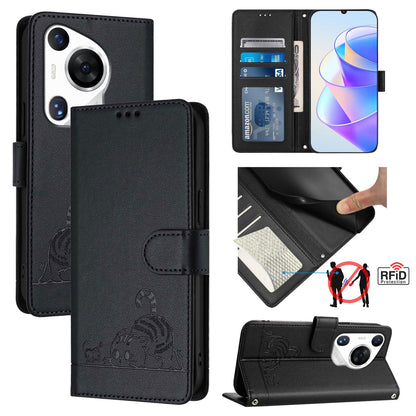 Huawei Pura 70 Pro Cat and Mouse Embossed PU Leather RFID Case with Wallet Slots, Anti-Fall Protection, Kickstand, and Lanyard-buycases.co.uk