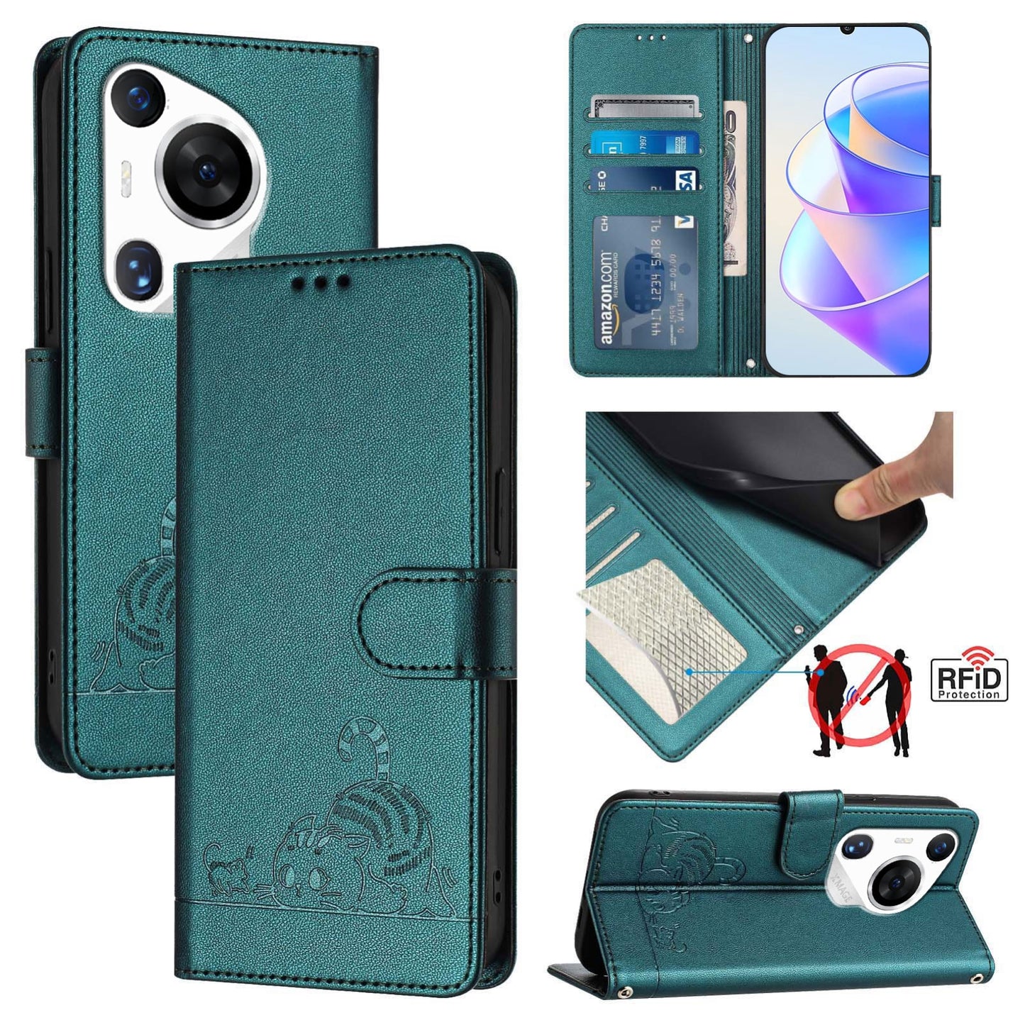 Huawei Pura 70 Pro Cat and Mouse Embossed PU Leather RFID Case with Wallet Slots, Anti-Fall Protection, Kickstand, and Lanyard-buycases.co.uk