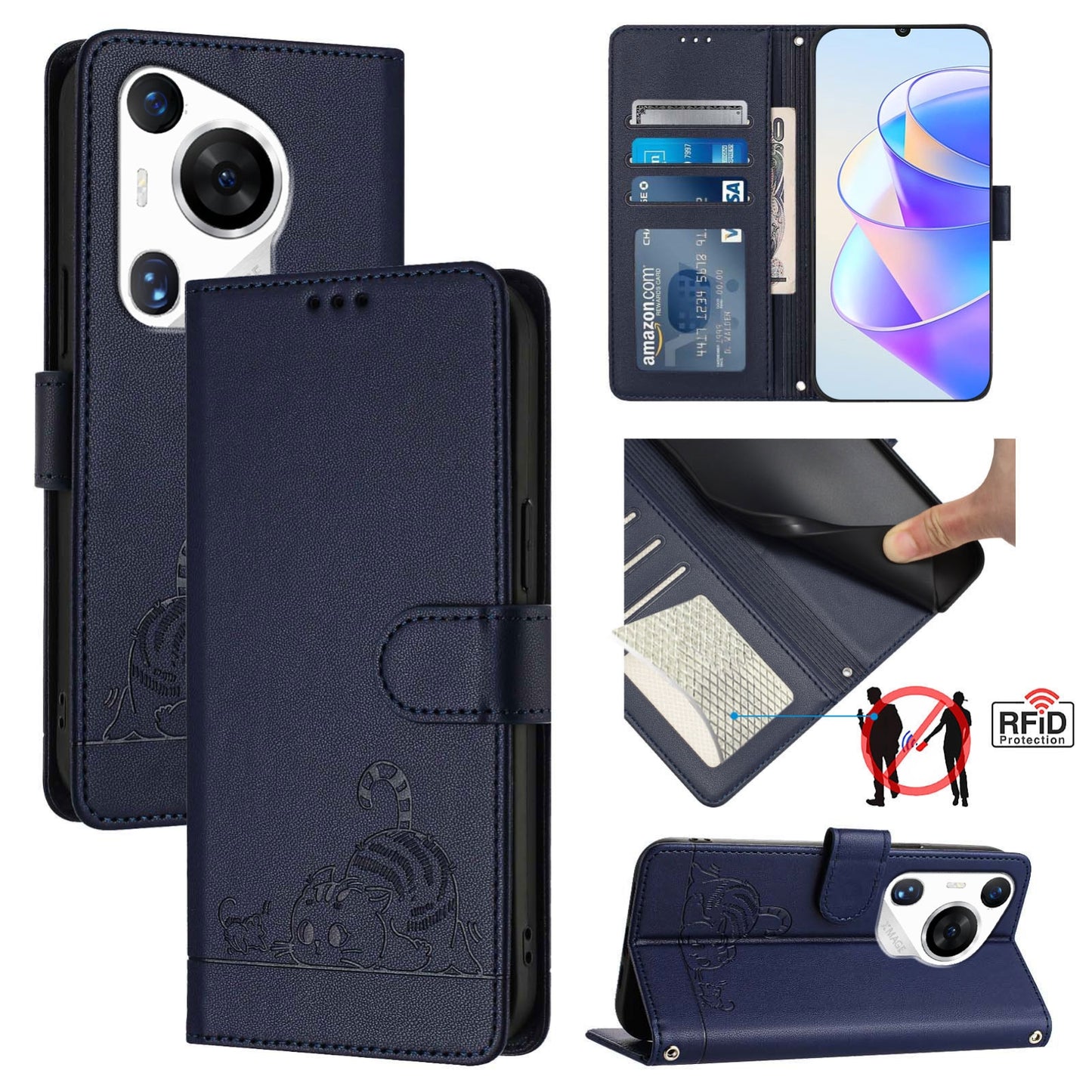 Huawei Pura 70 Pro Cat and Mouse Embossed PU Leather RFID Case with Wallet Slots, Anti-Fall Protection, Kickstand, and Lanyard-buycases.co.uk