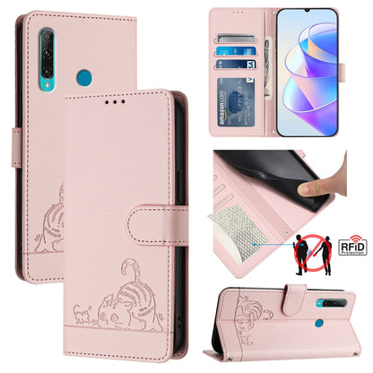 Huawei Enjoy 9s 4G Cat and Mouse Embossed PU Leather RFID Case with Wallet Slots, Anti-Fall Protection, Kickstand, and Lanyard-buycases.co.uk