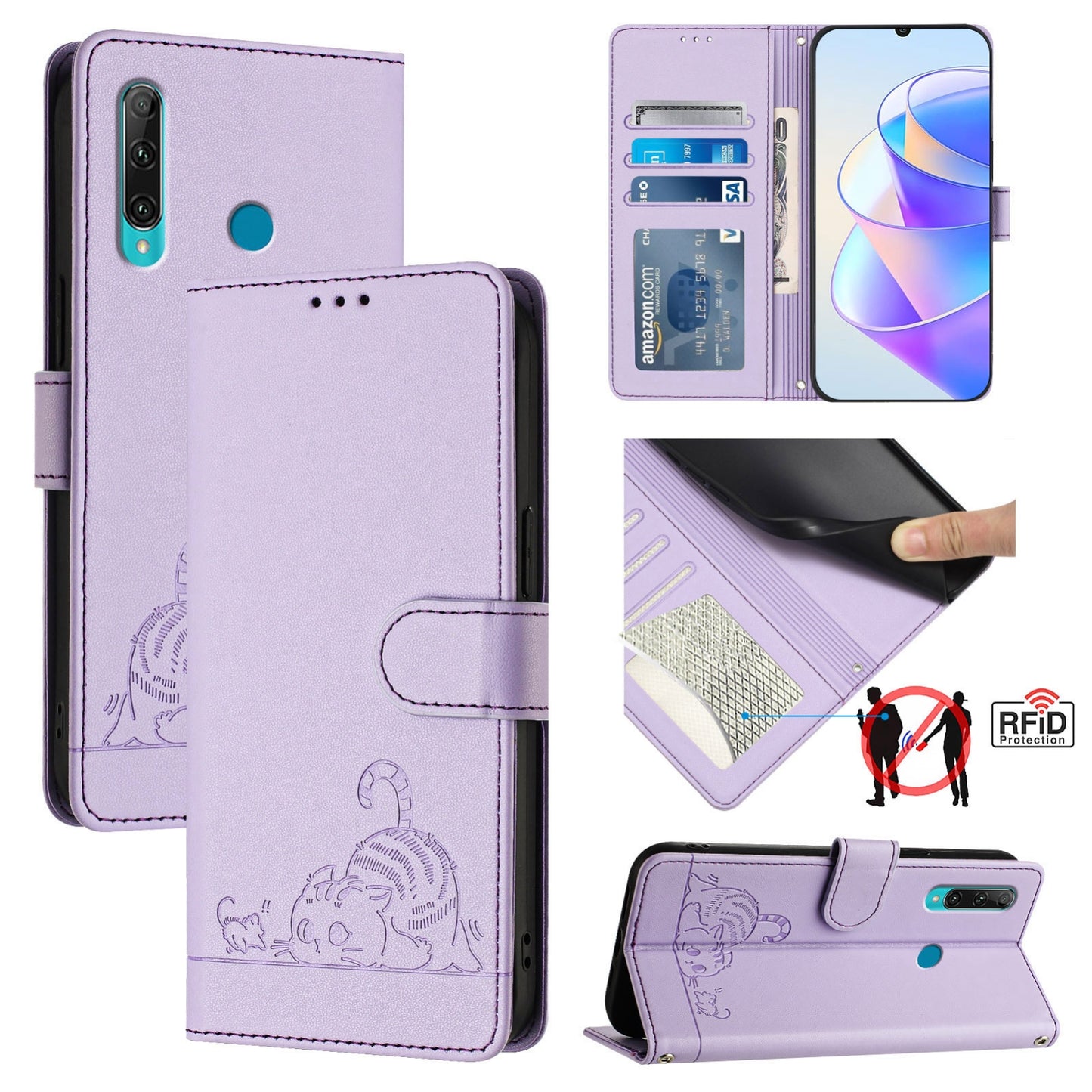Huawei Enjoy 9s 4G Cat and Mouse Embossed PU Leather RFID Case with Wallet Slots, Anti-Fall Protection, Kickstand, and Lanyard-buycases.co.uk