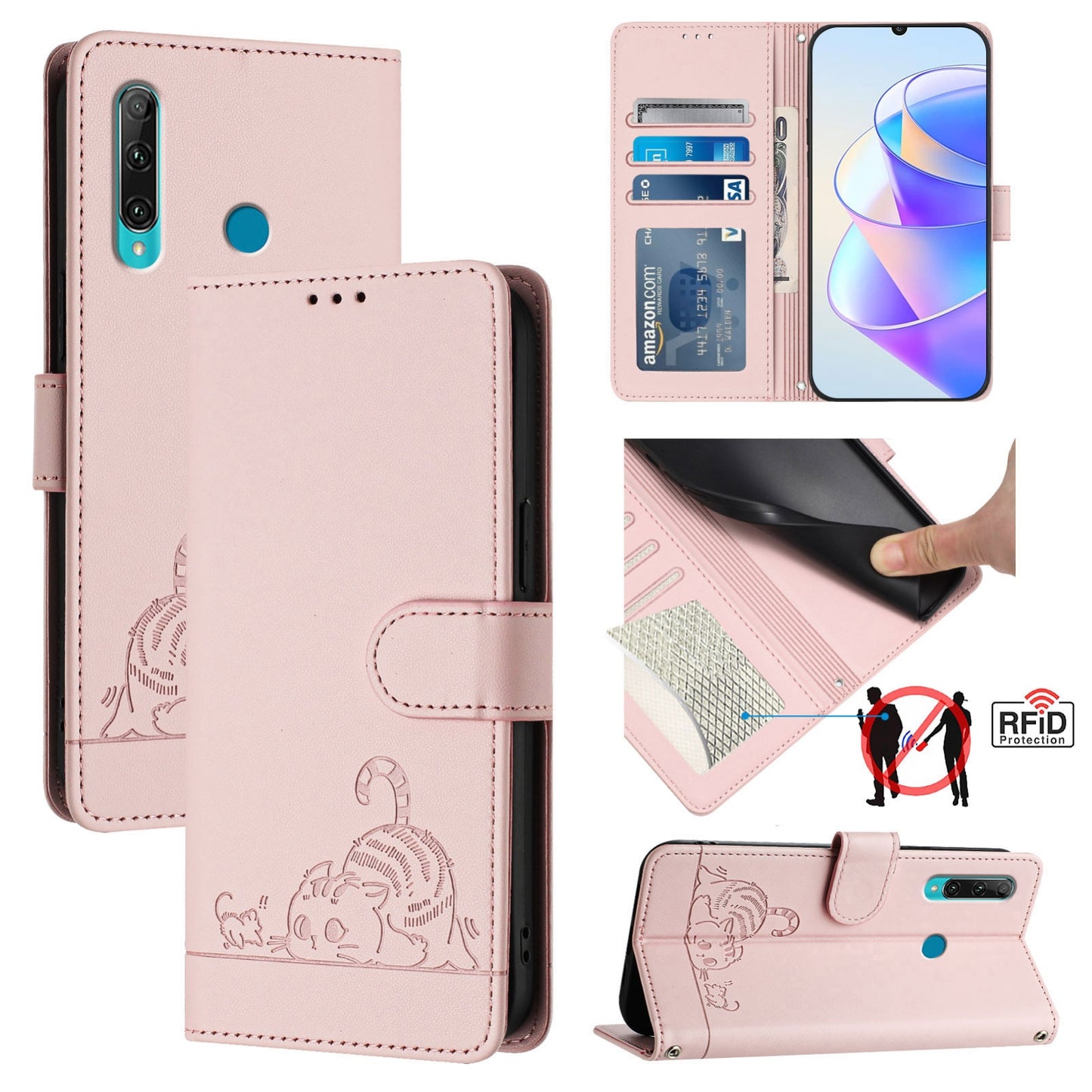 Huawei P Smart+ 2019 Cat and Mouse Embossed PU Leather RFID Case with Wallet Slots, Anti-Fall Protection, Kickstand, and Lanyard-buycases.co.uk