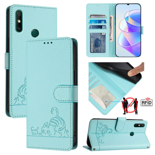 Huawei Enjoy 20 SE Cat and Mouse Embossed PU Leather RFID Case with Wallet Slots, Anti-Fall Protection, Kickstand, and Lanyard-buycases.co.uk