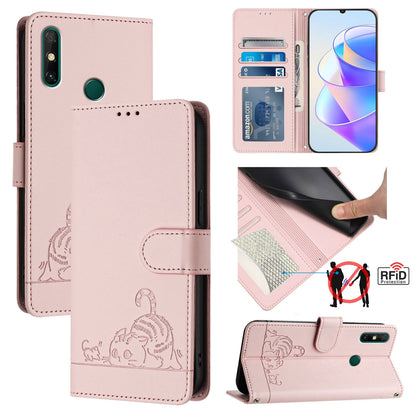 Huawei Y7A 4G Cat and Mouse Embossed PU Leather RFID Case with Wallet Slots, Anti-Fall Protection, Kickstand, and Lanyard-buycases.co.uk