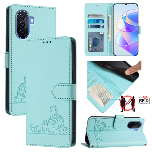 Huawei nova Y70 Plus Cat and Mouse Embossed PU Leather RFID Case with Wallet Slots, Anti-Fall Protection, Kickstand, and Lanyard-buycases.co.uk