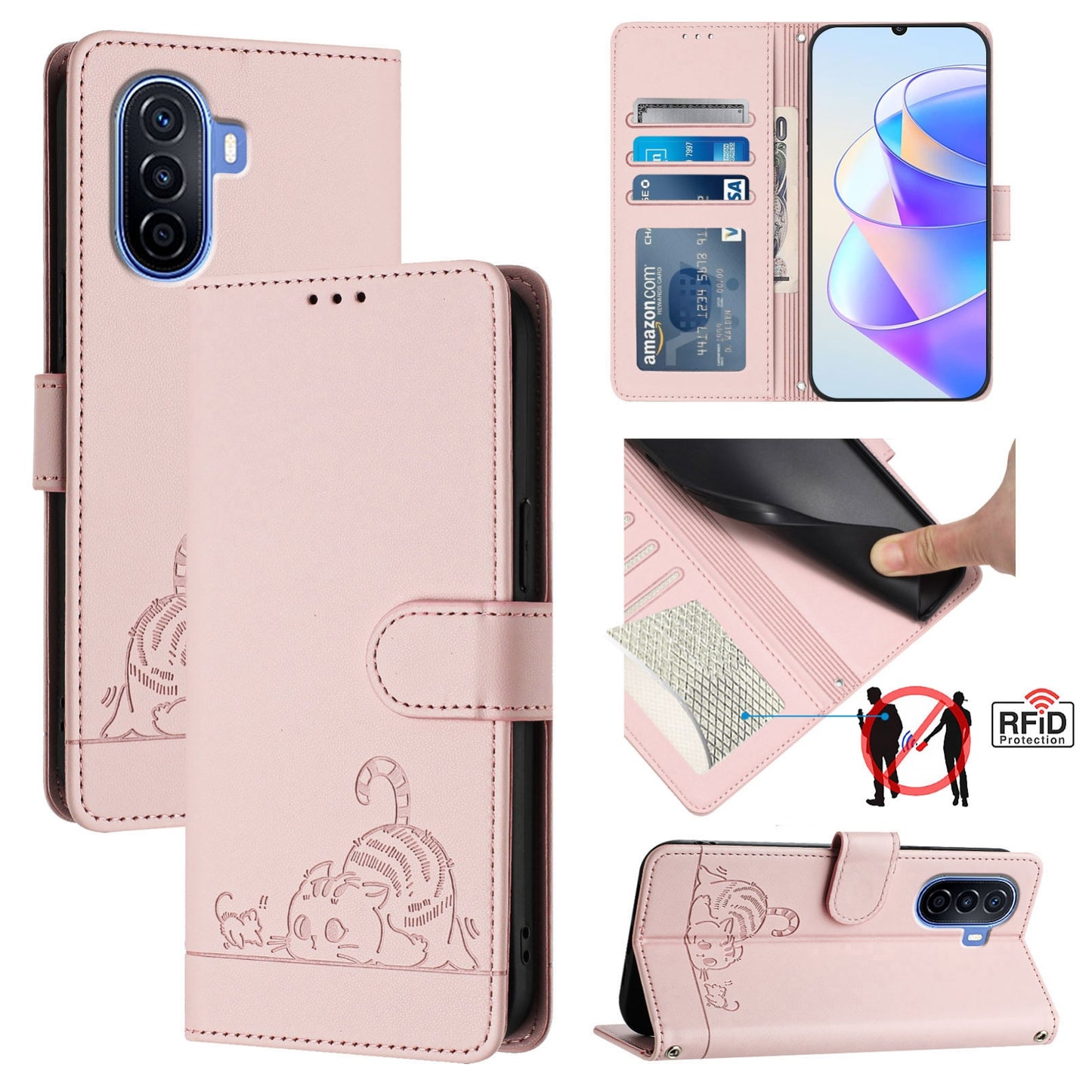 Huawei nova Y70 Plus Cat and Mouse Embossed PU Leather RFID Case with Wallet Slots, Anti-Fall Protection, Kickstand, and Lanyard-buycases.co.uk