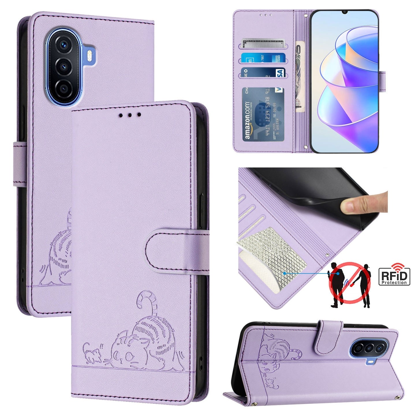 Huawei nova Y70 Plus Cat and Mouse Embossed PU Leather RFID Case with Wallet Slots, Anti-Fall Protection, Kickstand, and Lanyard-buycases.co.uk