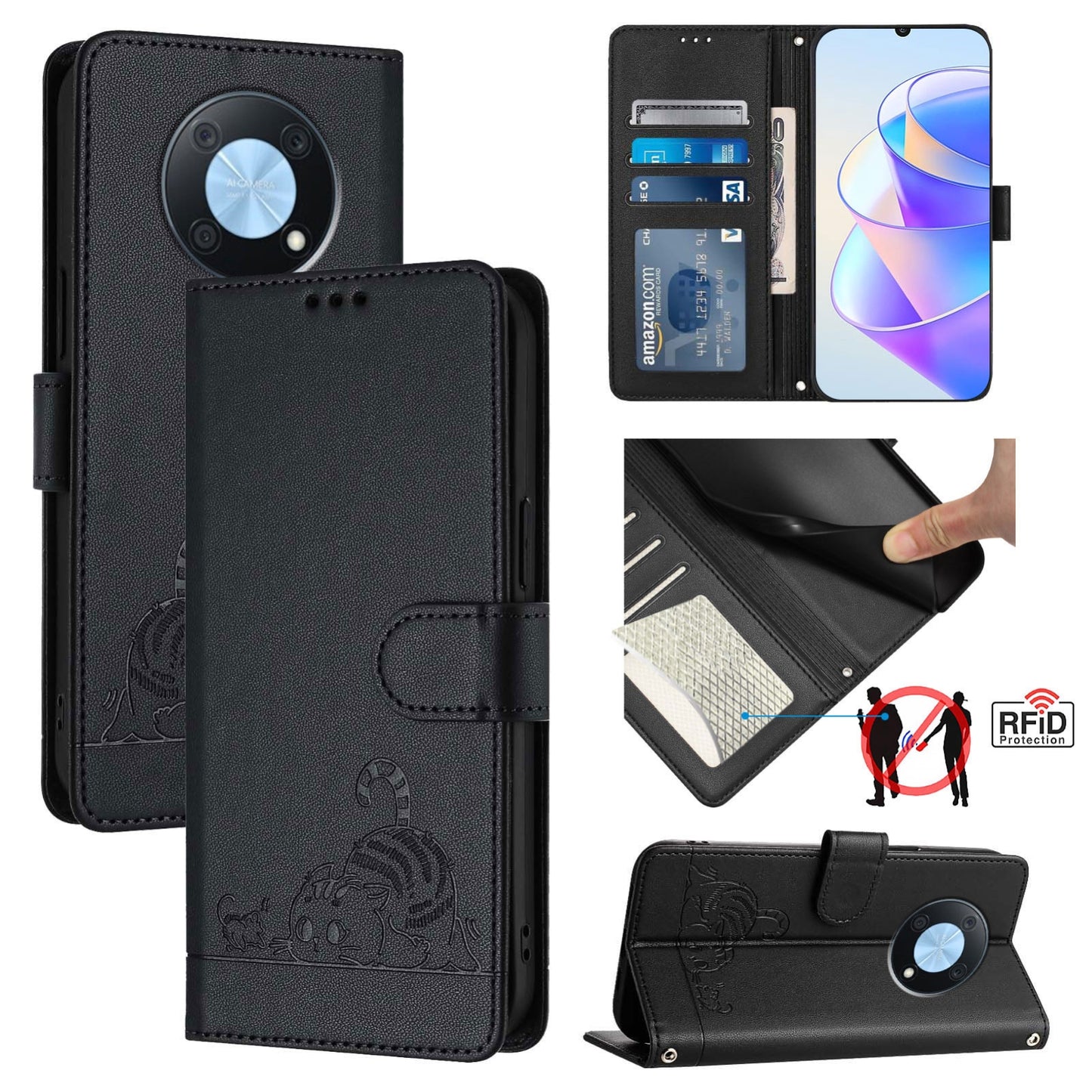 Huawei Enjoy 50 Pro 4G Cat and Mouse Embossed PU Leather RFID Case with Wallet Slots, Anti-Fall Protection, Kickstand, and Lanyard-buycases.co.uk