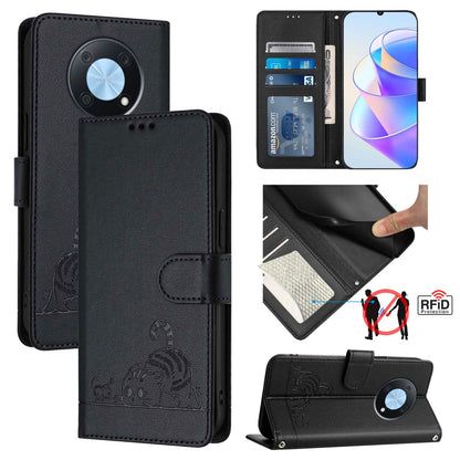 Huawei Enjoy 50 Pro 4G Cat and Mouse Embossed PU Leather RFID Case with Wallet Slots, Anti-Fall Protection, Kickstand, and Lanyard-buycases.co.uk