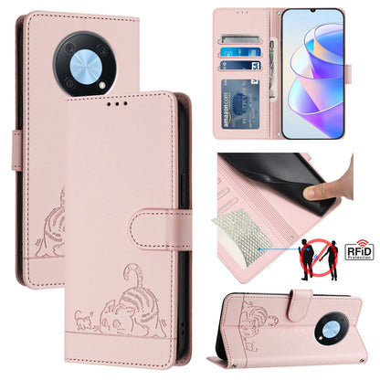 Huawei nova Y90 Cat and Mouse Embossed PU Leather RFID Case with Wallet Slots, Anti-Fall Protection, Kickstand, and Lanyard-buycases.co.uk