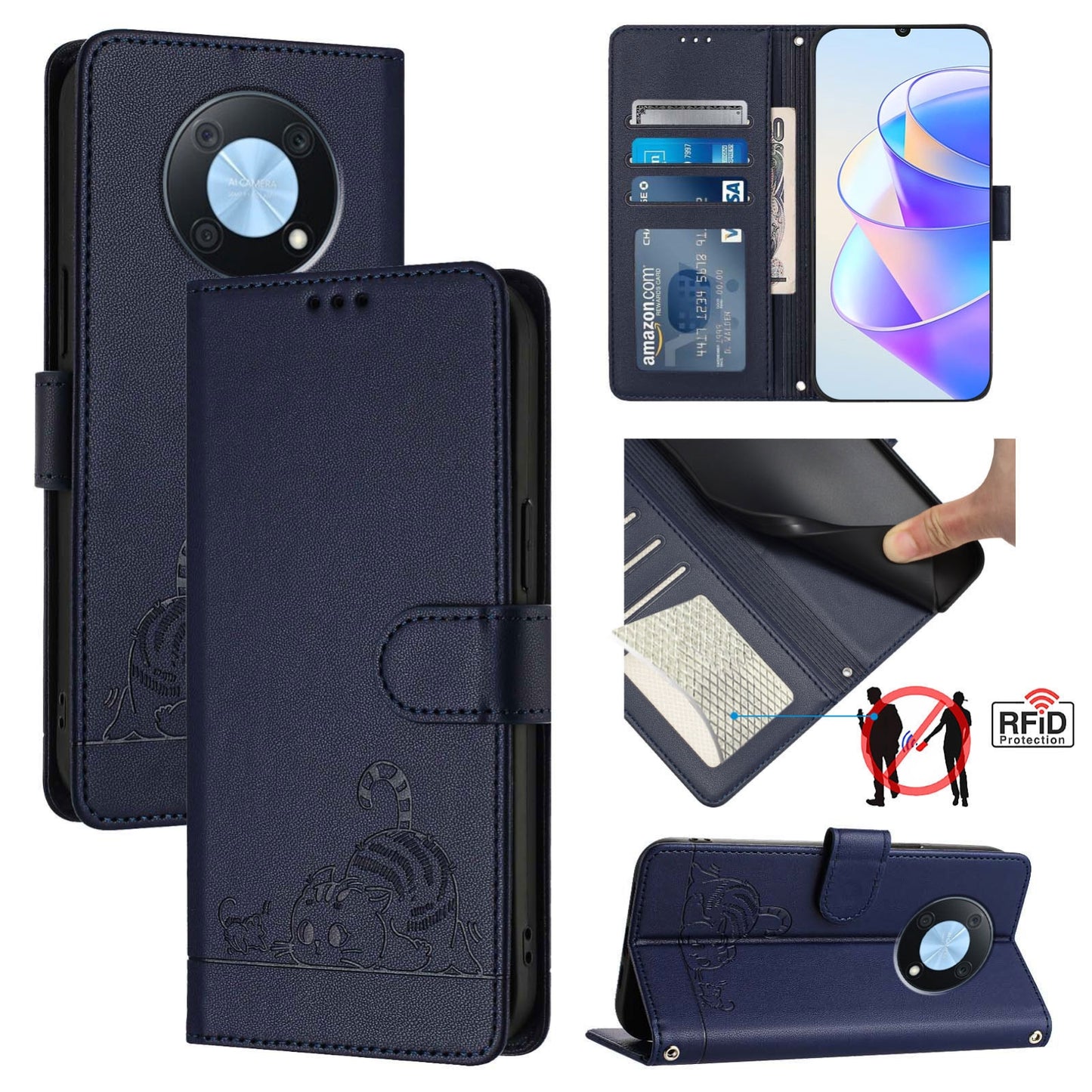 Huawei nova Y90 Cat and Mouse Embossed PU Leather RFID Case with Wallet Slots, Anti-Fall Protection, Kickstand, and Lanyard-buycases.co.uk