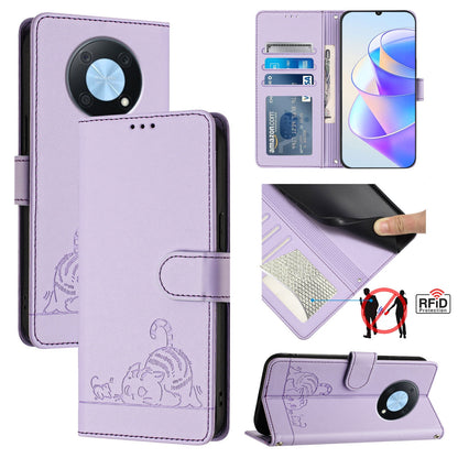 Huawei nova Y90 Cat and Mouse Embossed PU Leather RFID Case with Wallet Slots, Anti-Fall Protection, Kickstand, and Lanyard-buycases.co.uk