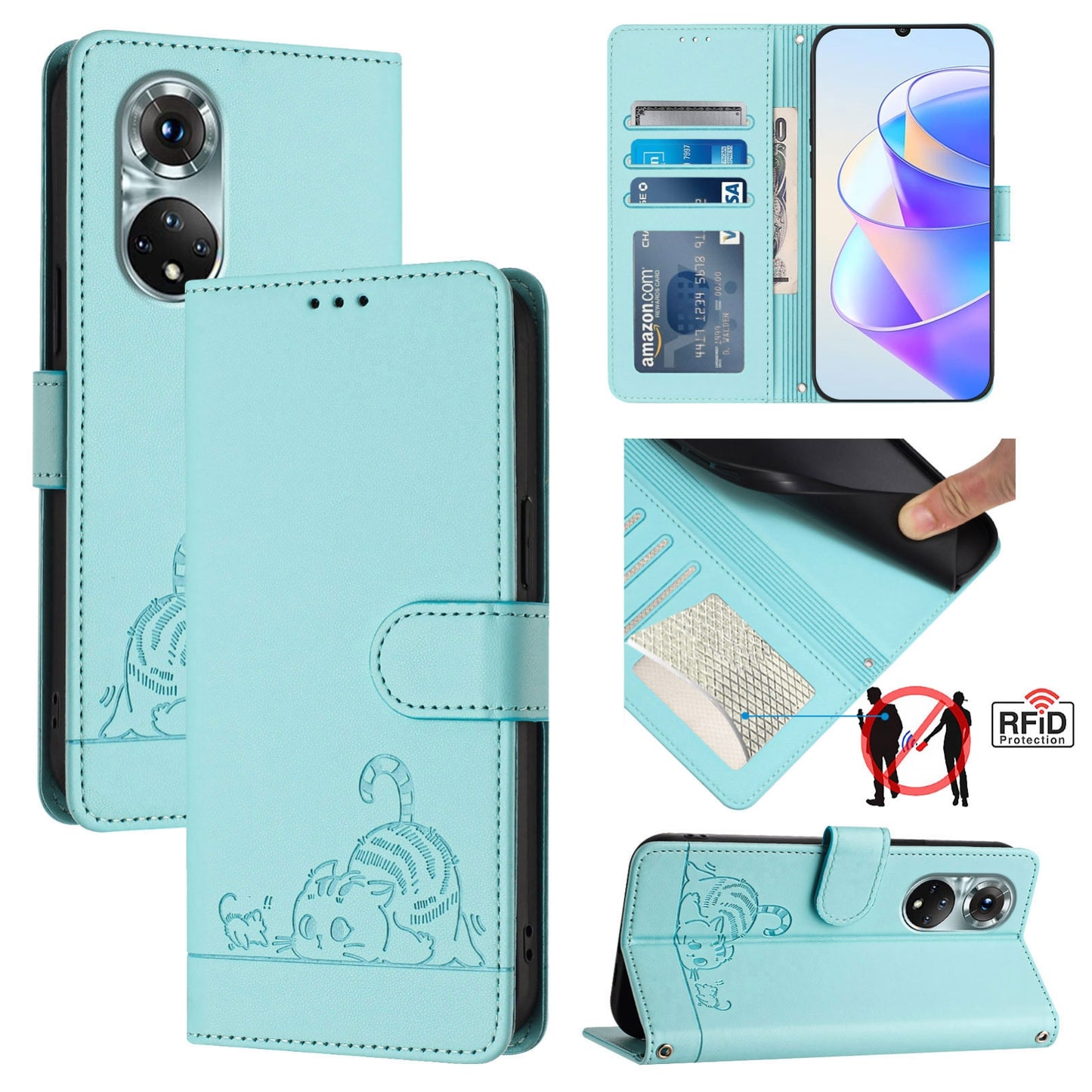 Huawei nova 9 Cat and Mouse Embossed PU Leather RFID Case with Wallet Slots, Anti-Fall Protection, Kickstand, and Lanyard-buycases.co.uk