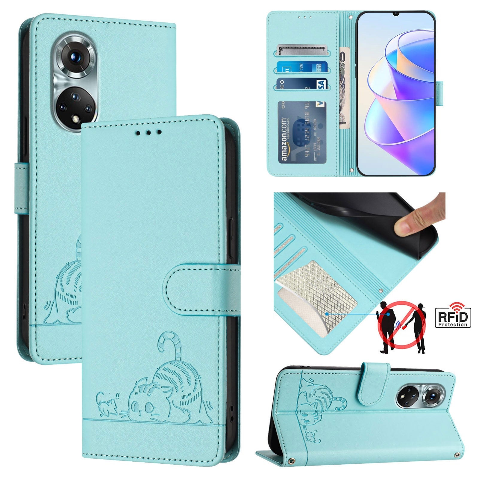 Huawei nova 9 Cat and Mouse Embossed PU Leather RFID Case with Wallet Slots, Anti-Fall Protection, Kickstand, and Lanyard-buycases.co.uk